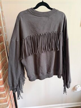 Clare V. Cozy Pullover Fringe Sweatshirt - Charcoal Grey
